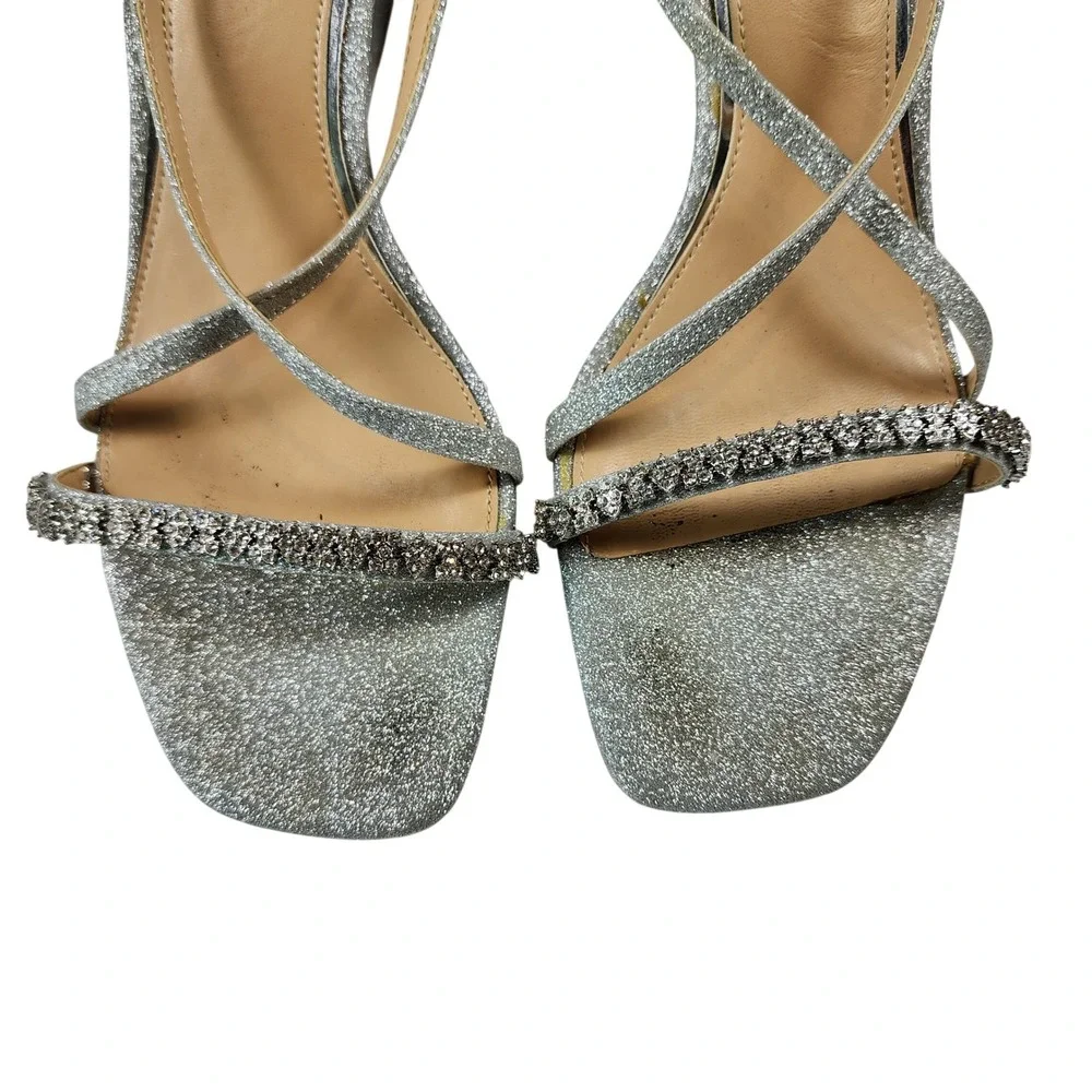 Jewel Badgley Mischka Silver Glitter Strappy Wedge Sandals Crystal Embellished 8